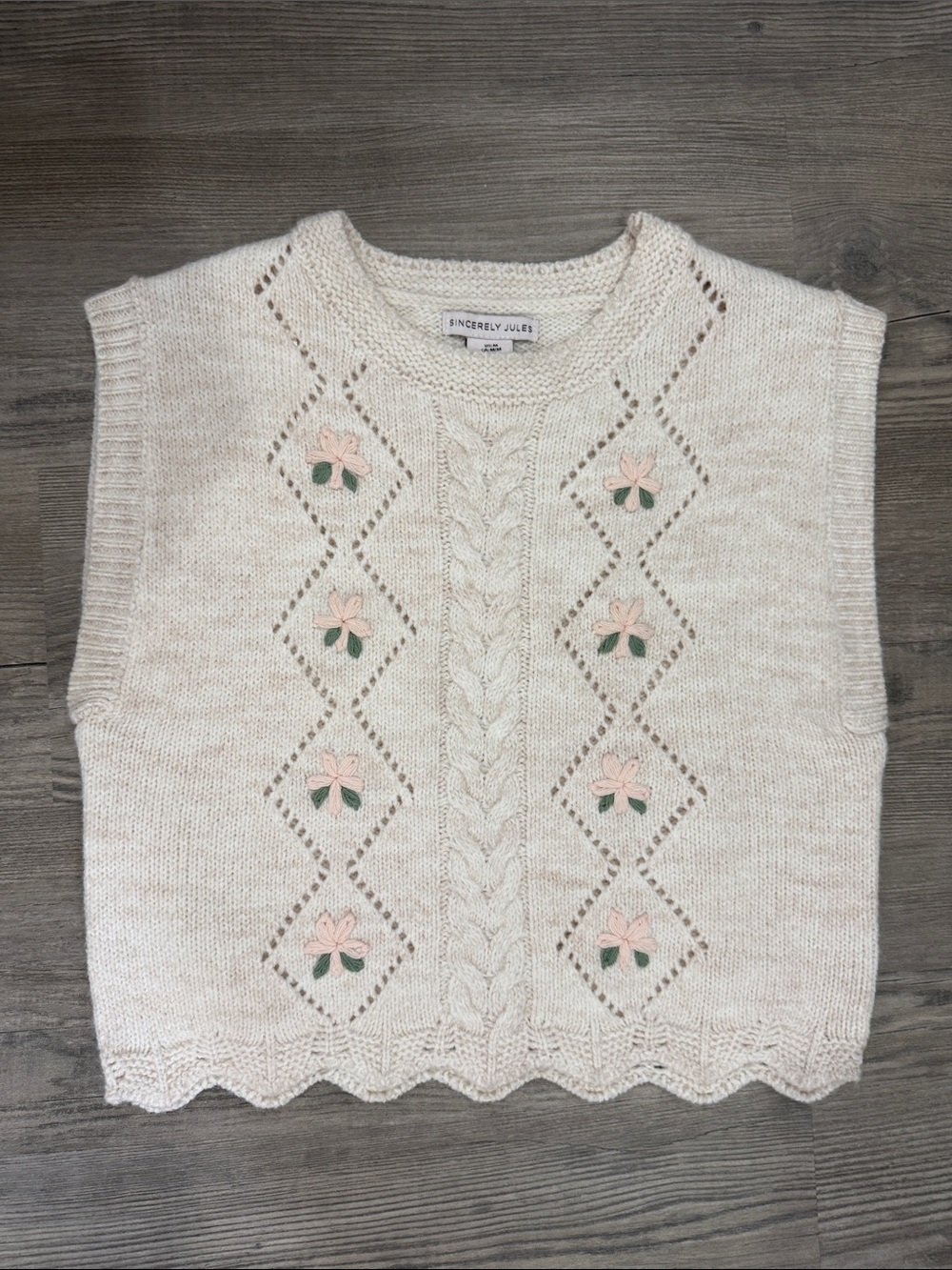 Sincerly Jules Cream Floral Cable Knit Sweater Vest